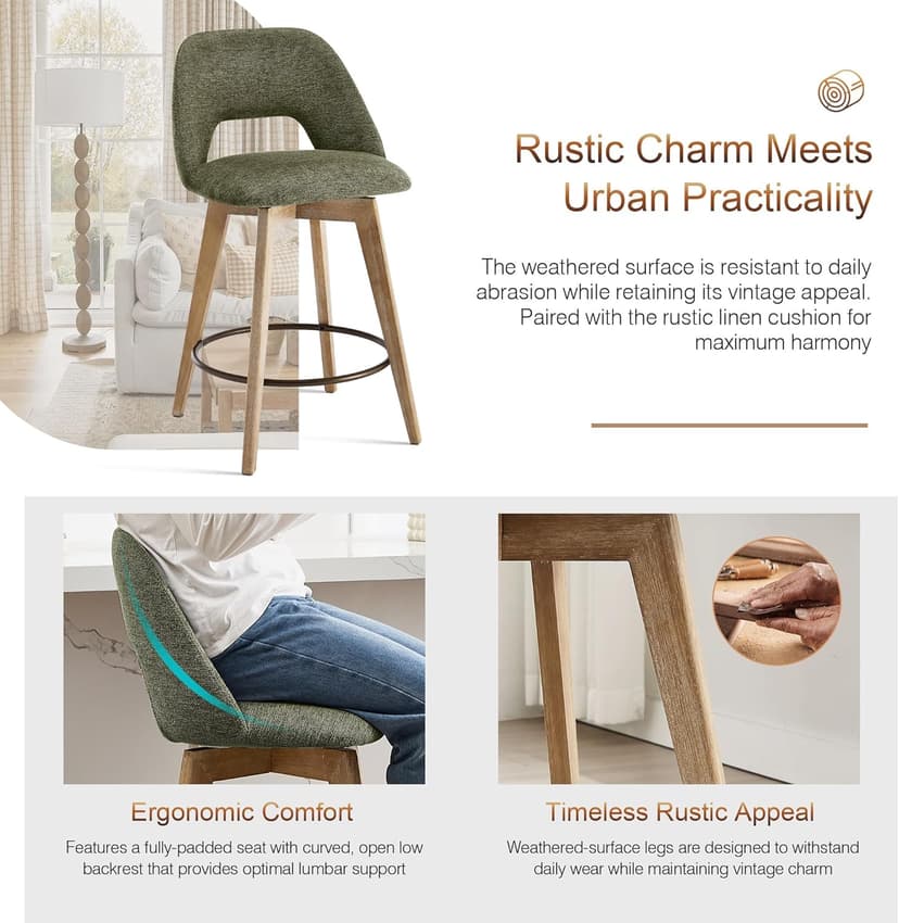 Zesthouse Swivel Farmhouse Bar Stools Set of 4, 26" Modern Counter Stools with Open Back & Natural Wood Legs, Upholstered Linen Fabric Counter Height Barstools, High Chairs for Island Kitchen, Green