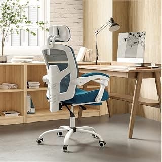 Sweetcrispy Office Computer Desk Chair with Footrest,Ergonomic High-Back Mesh Rolling Work Swivel Chairs with Wheels,Comfortable Lumbar Support,Comfy Arms for Home,Bedroom,Study,Student,Light Blue