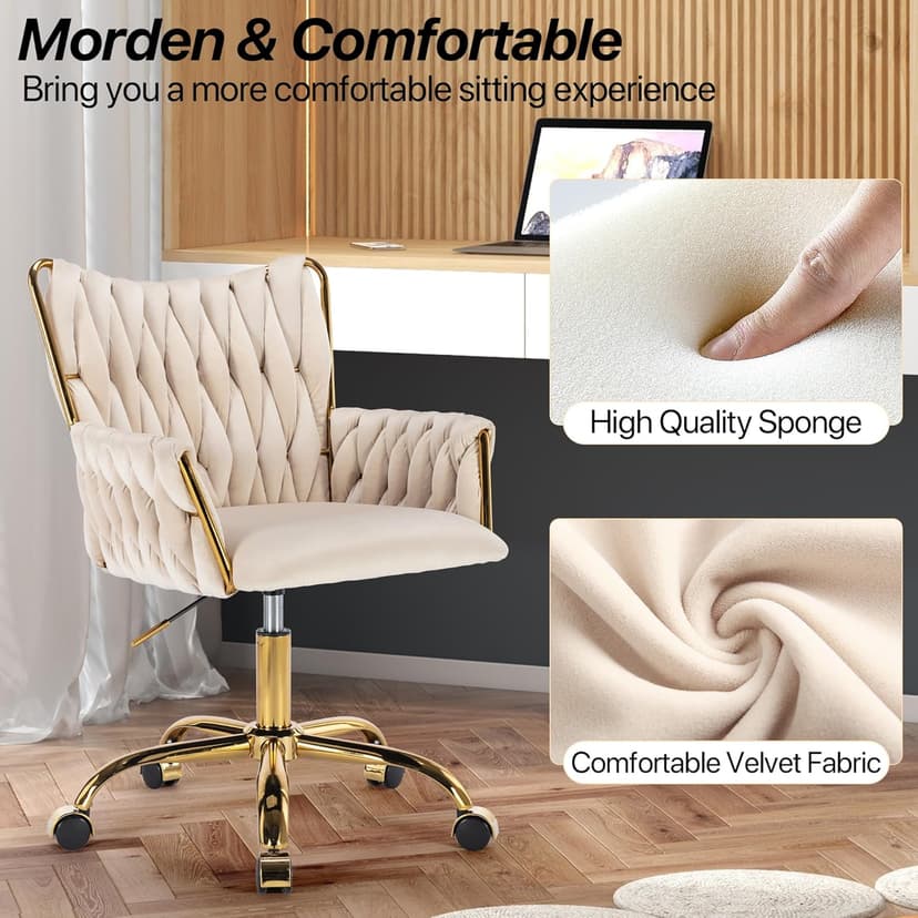 KCC Modern Velvet Home Office Desk Chair with Hand Woven Backrest, Upholstered Adjustable Makeup Vanity Chair with Armrest and Golden Metal Base with Wheels for Living Room Bedroom Study(Beige)