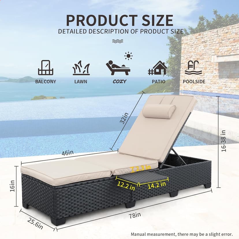 WAROOM Outdoor Chaise Lounge Chairs for Outside Patio Furniture Set of 2 Wicker Recliner Black Rattan Sunbathing Lounger Adjustable Backrest Pool Reclining Chair, Khaki Cushion