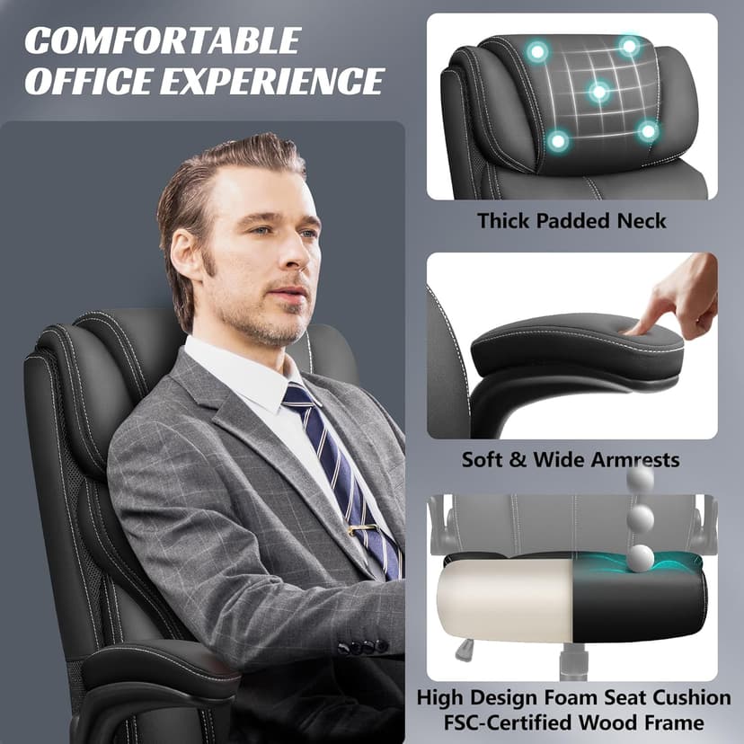HeroSet Office Chair, Ergonomic Big and Tall Computer Desk Chairs, Executive Breathable Leather Chair with Adjustable Flip-up Armrests, Lumbar Support Swivel PC Chair with Rocking Function