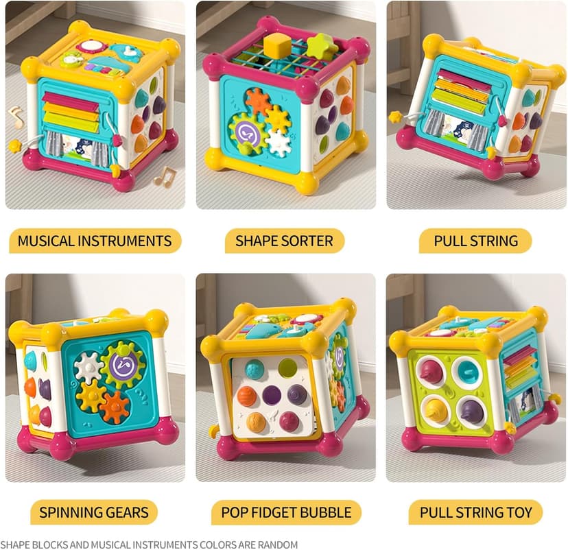 PANITU Baby Activity Cube, Cube Toys for Babies 6-12 Months, Toddler Music Busy Board with 4 Sensory Shape Blocks, 6-in-1 Educational Early Development Toy, Christmas, Birthday Gift for 1 Year Old