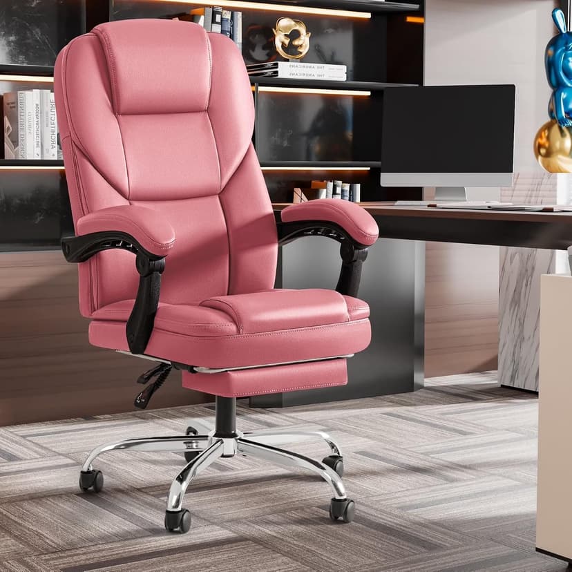 Shahoo Executive Office Chair with Massage, Ergonomic Reclining High Back Leather Seats with Footrest and Lumbar Support, Big and Tall, 400Lbs Heavy Duty, Pink