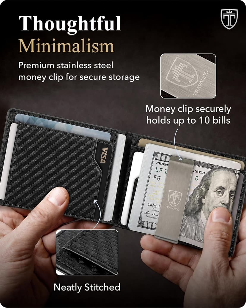 TRAVANDO AirTag* Wallet Mens Wallet with Money Clip Air Tag Wallet Card Holder RFID Blocking Bifold Gifts for Men