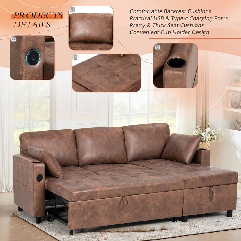 Lesofair 84" L-Shape Pull Out Sofa Bed with Adjustable Backrest, Upholstered Sectional Sleeper Sofa with Storage Chaise, Suede Leather Reversible Couch Bed with USB Port for Living Room, House, Brown