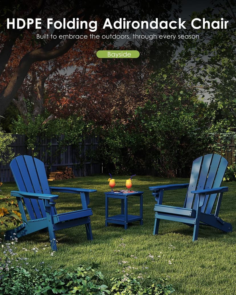 GREENVINES Folding-Adirondack-Chairs-Set-of-6 | w/Cup Holder| HDPE Plastic | All-Weather Patio Fire Pit Chairs | for Outdoor Poolside Deck | Blue