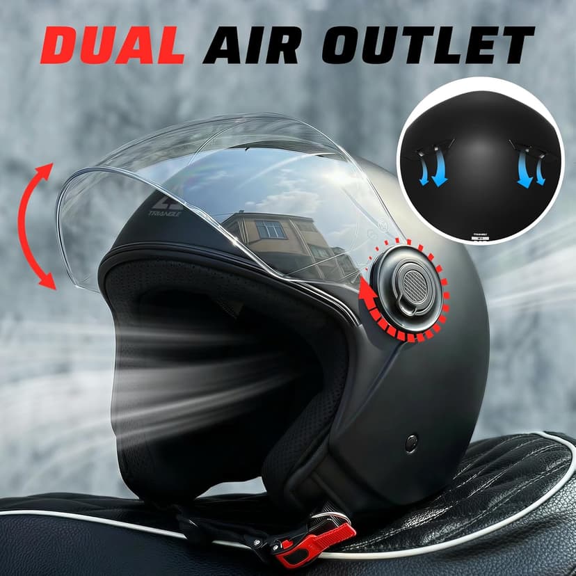 TRIANGLE Open Face Motorcycle Helmet Retro 3/4 Helmets with Clear Visor for Men Women DOT Approved