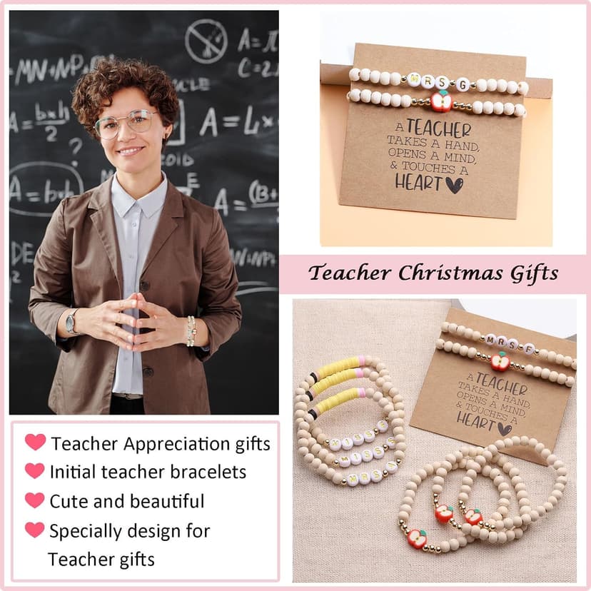 Personalized Teacher Bracelet for Women, 2 Pcs Initial Mrs Miss Ms Teacher Appreciation Gifts With Card From Student Friends, Thank You TEACH Gift for Women