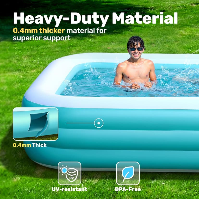 SLOOSH Inflatable Pool for Adults with Seats, 120" x 72" x 22" Full-Sized Blow Up Durable Thickened Above Ground Family Pool, Large Swimming Pools for Backyard Garden Lawn Summer Water Party, Cyan