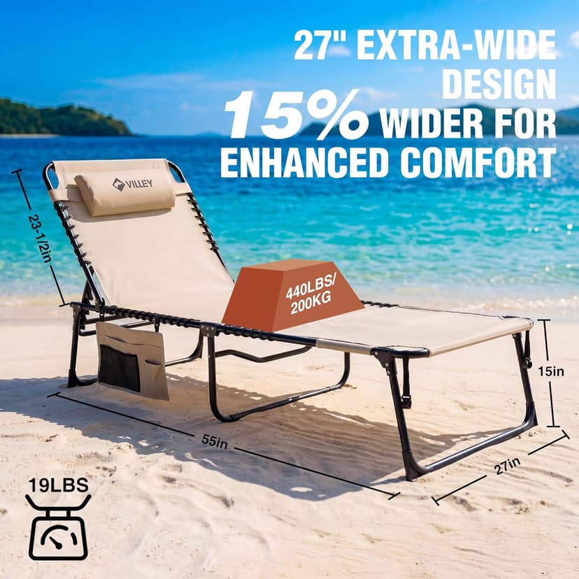 VILLEY Oversized Chaise Lounge Chair with Face Hole, Adjustable Reclining Beach Chair, Portable Tanning Chair, Outdoor Folding Sunbathing Chair for Patio Lawn Beach Pool