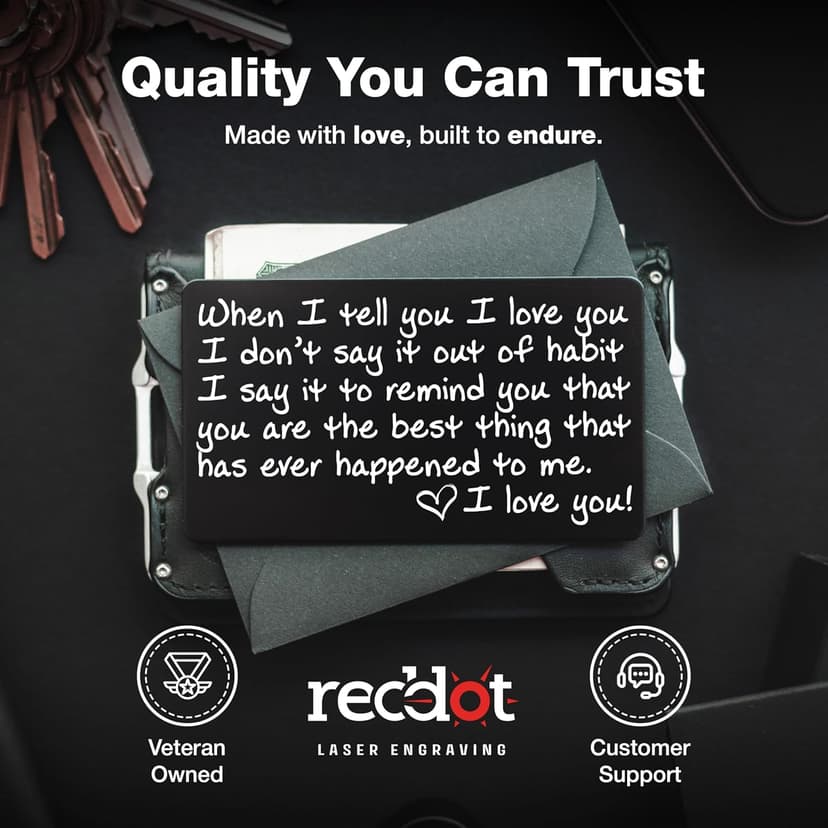 I Love You Card for Wallet – Surprise Gift for Him or Her - Voted Best Love Gift for Men or Women - Engraved, Durable, and Stays in Their Wallet Forever - Black Envelope Included