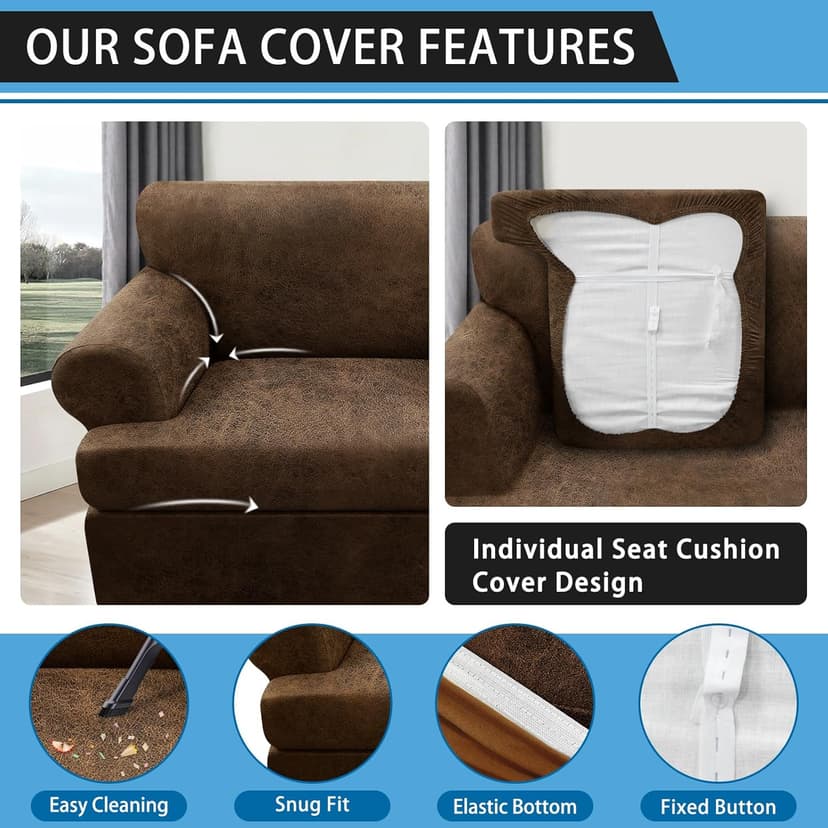 Pfrstuv 4-Piece T Couch Cover - Leather Look Slipcovers for 3 Cushion Sofa, Brown