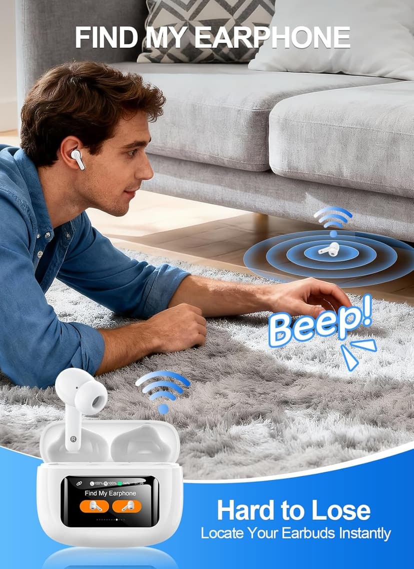 JGUG Wireless Earbuds Bluetooth 6.0 Headphones, Ear Buds with ANC Noise Cancelling, ENC Clear Calls, Touchscreen LED Display Case, 48H Playtime, Stereo Sound, IPX7 Waterproof for Sports Workout