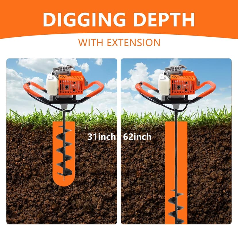 72CC Auger Post Hole Digger, 2 Stroke Gas Powered Earth Post Hole Digger with 2 Auger Drill Bits(6" & 8") + 1 Extension Rods for Farm Garden Plant, Orange (72CC)