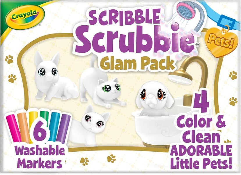 Crayola Scribble Scrubbies Glam Pack (4 Pets), Holiday for Kids, Washable Pet Care Toy, Coloring Animal Craft, Stocking Stuffer Toys for Girls & Boys, 3+