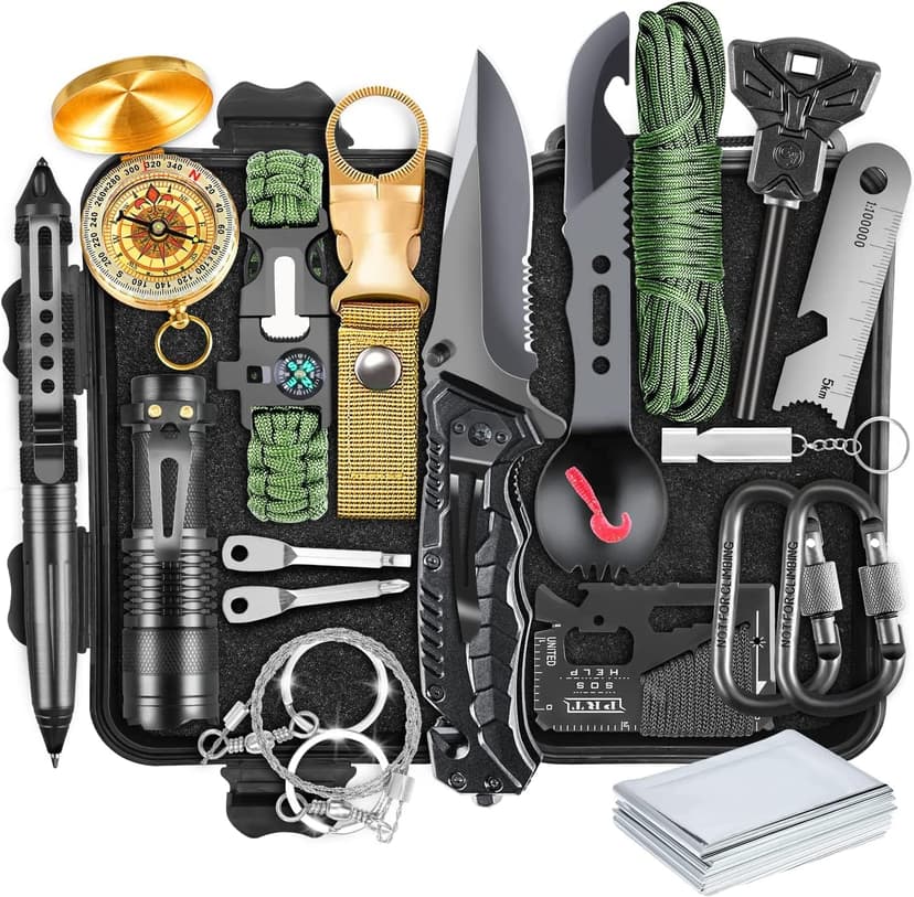 XKASE Survival Kit, Gifts for Men Dad Husband, Emergency Survival Gear and Equipment 19 in 1, Fishing Hunting Birthday for Men, Camping Accessories, Cool Gadget, Camping Essentials