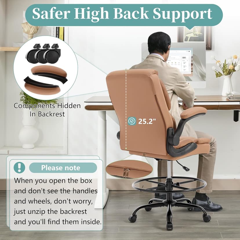 Ergonomic Drafting Chair, Tall Office Chair for Standing Desk, High Back Standing Desk Chair with Flip-Up Armrest, Adjustable Height&Foot Ring, Executive PU Leather Extended Height Office Chairs,Brown