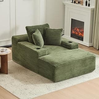 66" Oversized Chaise Lounge Sofa Chair Indoor, Modern Corduroy Single Sleeper Couch Chair with 3 Soft Pillows＆Cup Holder, Boneless Cloud Couch Single Seat Sofa Bed for Living Room Office (Green)