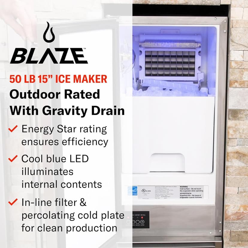 Blaze 15-Inch Outdoor Rated Ice Maker with Gravity Drain – Stainless Steel Machine Produces 50 Lbs. of Ice Daily with 25 Lb. Storage