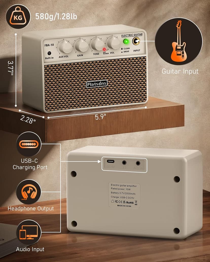 Flatsons FBA-10 Guitar Amp, 10W Mini Electric Guitar Amplifier with Clean/Drive Channel, 6H Work, USB-C Rechargeable, 3.5mm Headphone/AUX, Wireless Portable Amp for Indoor Practice, Travel (White)