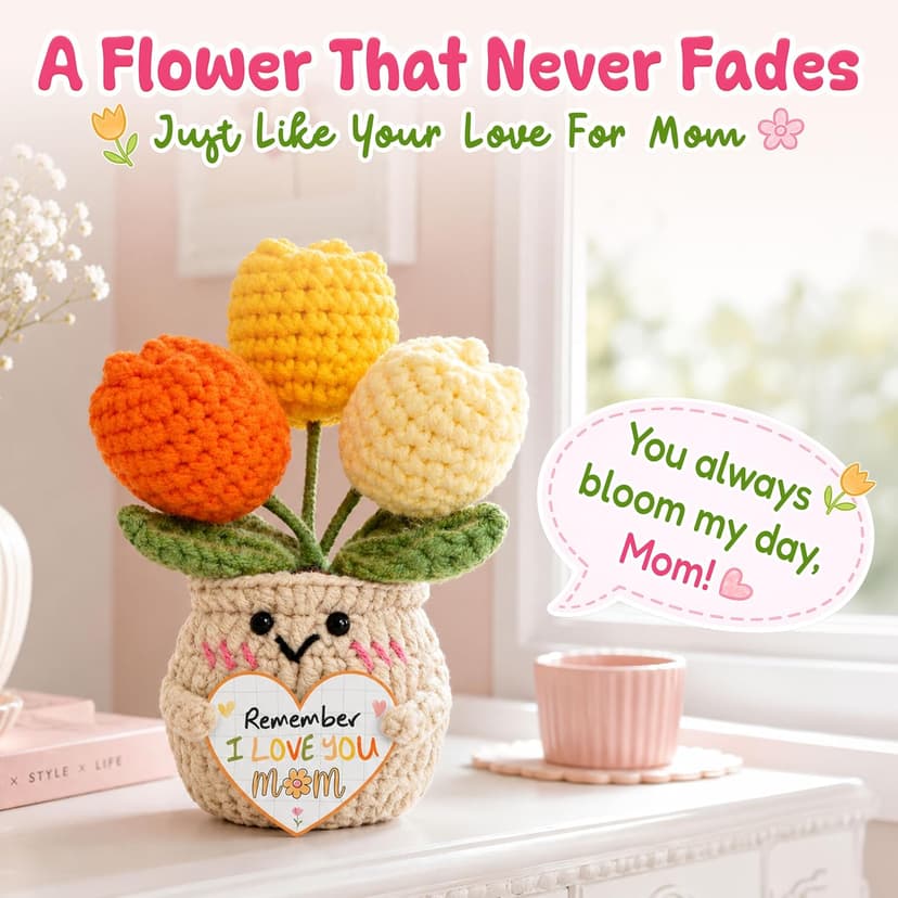 Mom Birthday Gifts, Mother Daughter Gift, Positive Crochet, Handmade Keepsake, Soft Yarn Texture, Cute Tulip Decor OASSIE Mom Gifts from Daughters Sons - Emotional Support Crochet Tulip