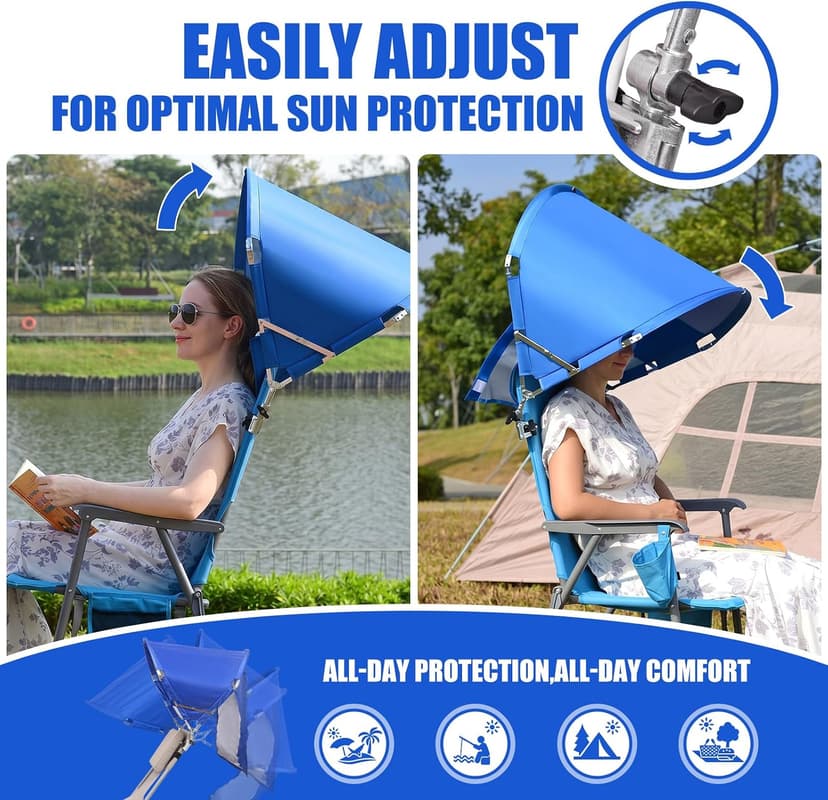Universal Wind-Resistant Chair Umbrella Canopy, Foldable Portable UPF 50+ Sun Shade Attachment with Adjustable Clamp, Fits Most Beach, Camping, Lawn, Sports, Tanning, Zero Gravity Chairs, Patented