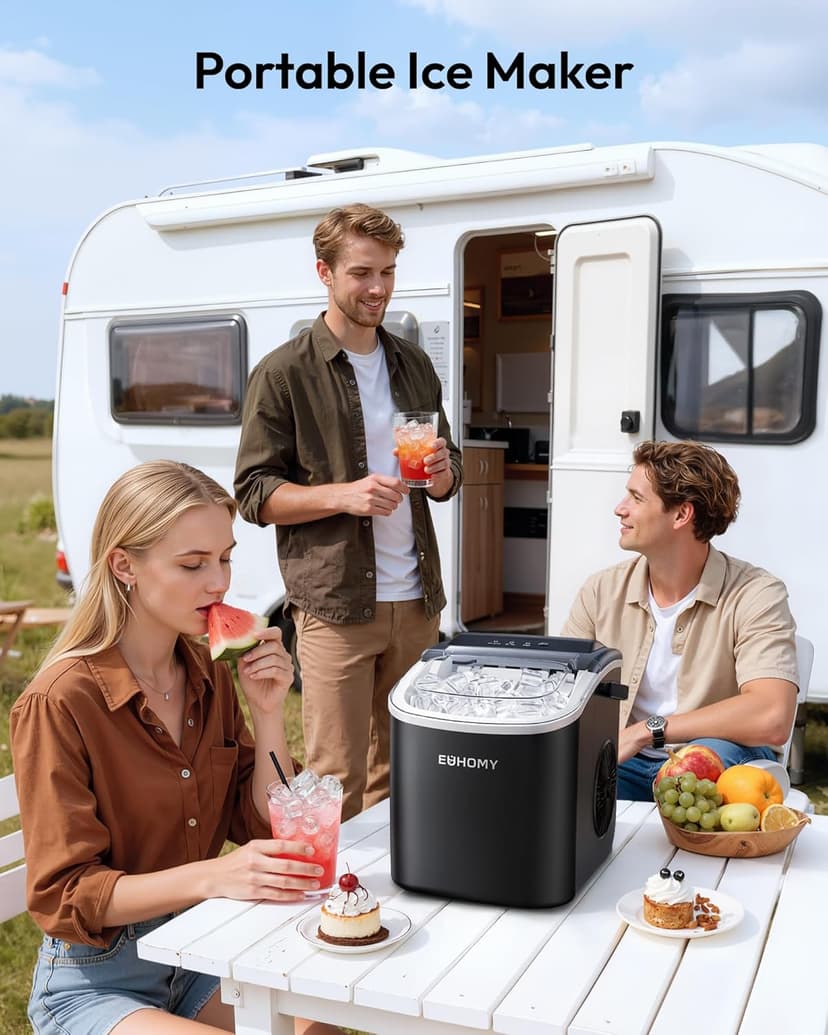 EUHOMY Countertop Ice Maker Machine with Handle, 26lbs in 24Hrs, 9 Ice Cubes Ready in 6 Mins, Auto-Cleaning Portable Ice Maker with Basket and Scoop, for Home/Kitchen/Camping/RV. (Black)
