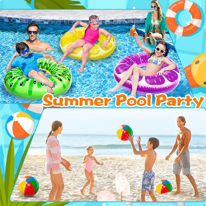 6 Pack Pool Floats Kids, 3 Pcs Inflatable Fruits Swim Tubes Rings & 3 Pcs Rainbow Beach Ball Bulk, Summer Pool Floaties for Kids Adults Swimming Float Toy Hawaiian Party Beach Water Fun Game