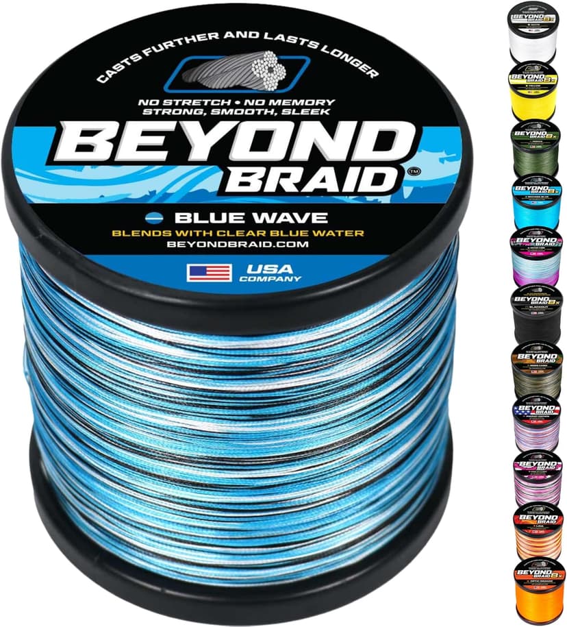 Beyond Braid Braided Fishing Line -Super Strong - Abrasion Resistant - No Stretch -Blue Camo, Moss Camo, White, Green, Pink, Blue, 4 Strand 8 Strand