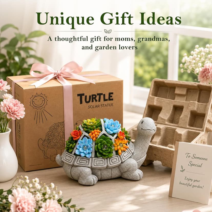 Nacome Solar Garden Outdoor Statues Turtle with Succulent and 7 LED Lights - Lawn Decor Tortoise Statue for Patio, Balcony, Yard Ornament - Unique Housewarming Gifts