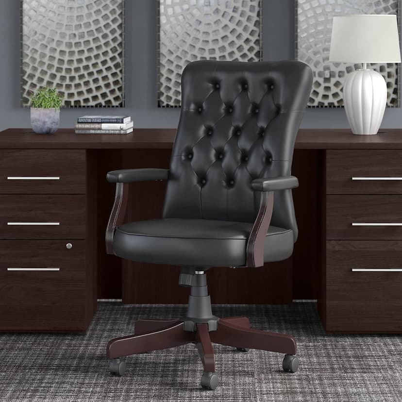 Bush Business Furniture Arden Lane High Back Tufted Office Chair with Arms in Black Leather, Comfortable Computer Desk Seating for Home or Professional Workspace