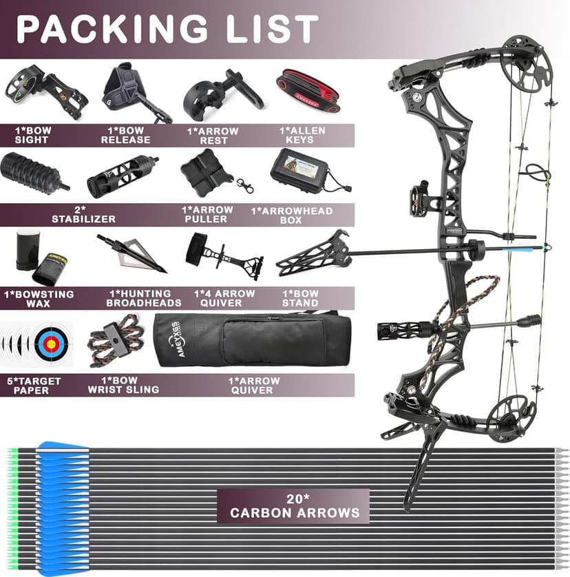Compound Bow Kit, Hunting and Target, Limb Made in USA,Draw Weight 30-70 lbs Adjustable, Draw Length 19-30.5",up to IBO 320FPS Speed, Package with Archery Hunting Accessories