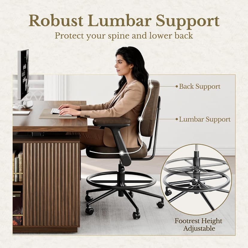 Drafting Executive Chair, Tall Office Chair with Padded Flip-Up Armrests, Mid-Back Cushioned Seat, 360° Swivel Rolling Computer Desk Chair for Standing Desk & Home Office, Vintage Brown