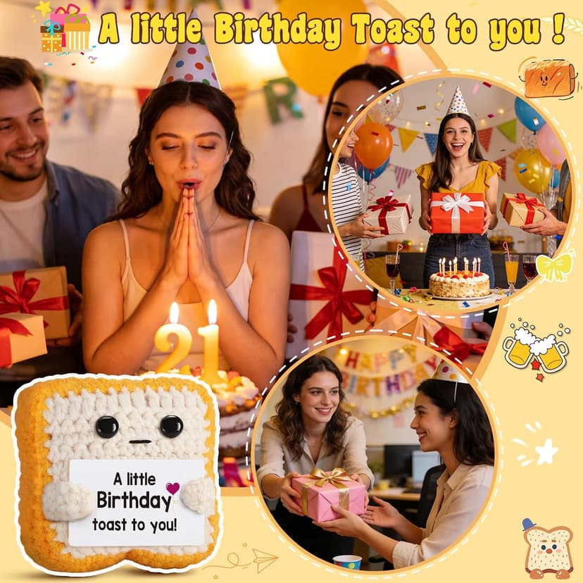 A little Birthday Toast to you - Crochet Toast Happy Birthday Gifts Card, Fathers Day Dad Gifts for Mom Women Men Her Him Sister Best Friend Girls Boys Fanny Handmade Knitted Emotional Positive Toast
