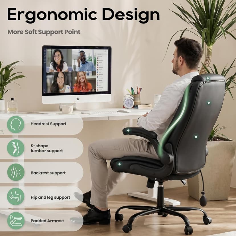 MALOL Leather Office Chair, Computer Desk Chair with Adjustable Lumbar Support, Thick Cushion, Flip-Up Arms and Ergonomic Back, Comfy Executive Office Chair for Home Office Gaming,Black