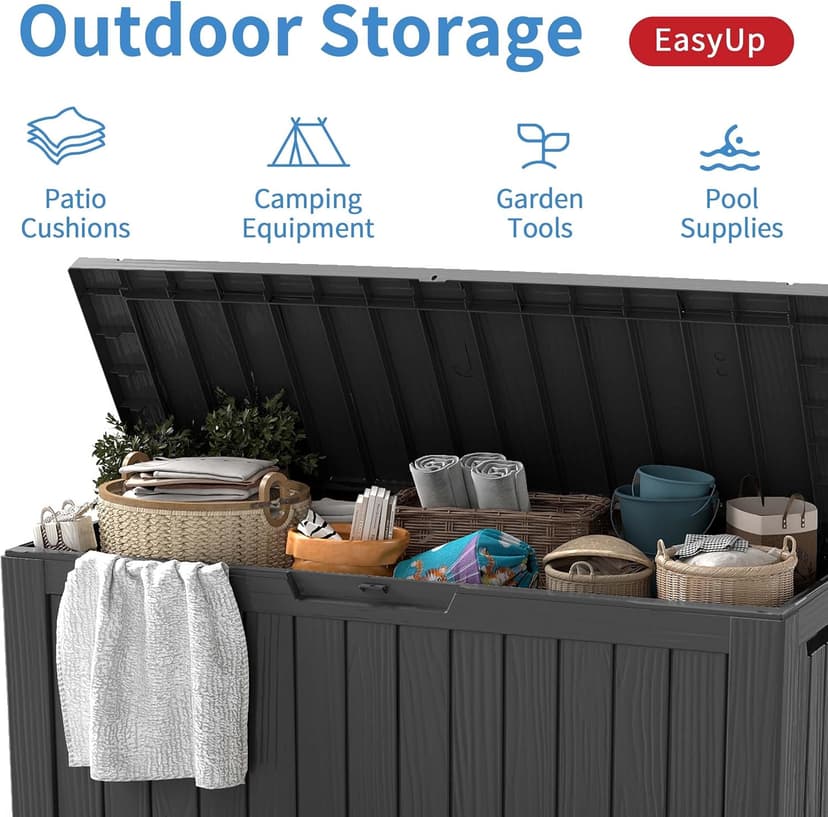 EasyUp 85 Gallon Outdoor Storage Box, Resin Waterproof UV-Resistant Deck Box, Reinforced Stability for Patio, Garden, and Poolside, Striped Black