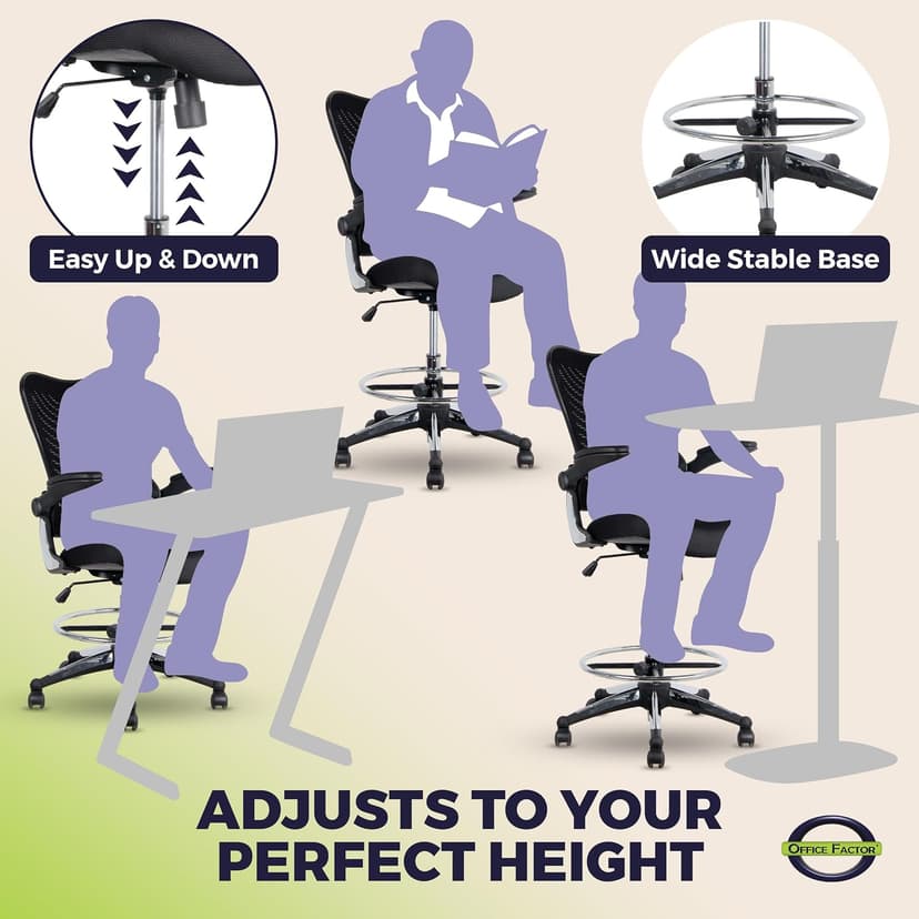 OfficeFactor 300 Lbs Tall Drafting Chair with Adjustable Foot Ring & Flip-Up Arms – Ergonomic Standing Desk Chair, Breathable Mesh Office Chair for Tall Desks, Counter Height & Reception(Black)
