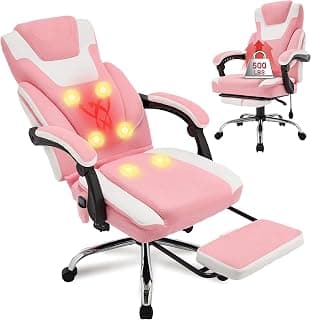 Massage Office Chair with Foot Rest,6-Point Vibration & Heat Executive Office Chairs,Ergonomic Computer Chair for Heavy People,Big and Tall Fabric Office Chair,Recliner with Padded Armrest,Pinkwhite