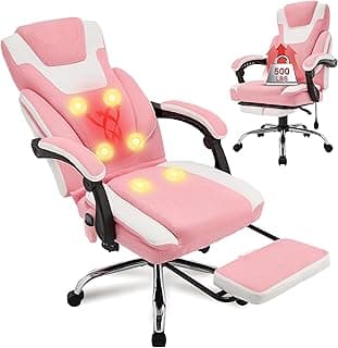 Massage Office Chair with Foot Rest,6-Point Vibration & Heat Executive Office Chairs,Ergonomic Computer Chair for Heavy People,Big and Tall Fabric Office Chair,Recliner with Padded Armrest,Pinkwhite