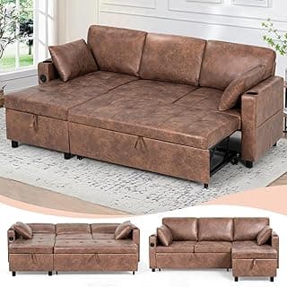 Lesofair 84" L-Shape Pull Out Sofa Bed with Adjustable Backrest, Upholstered Sectional Sleeper Sofa with Storage Chaise, Suede Leather Reversible Couch Bed with USB Port for Living Room, House, Brown