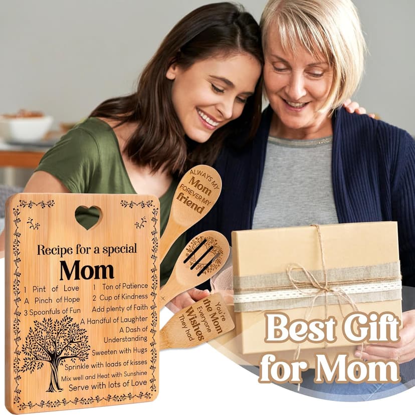 4-Piece Engraved Bamboo Mom Mother Mommy Cutting Board Set from Daughter or Son for Birthdays, Christmas, Mother's Day Birthday Gifts for Mom, "Recipe for a Special Mom" Cutting Board Set B0CXXM43B5