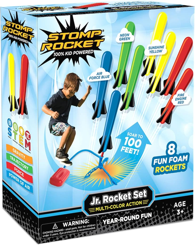 Fun Outdoor Toys for Boys & Girls, Ages 3 & Up - Soft Foam Blaster Set Soars Up to 100ft - STEM Toys for Outside & Backyard Stomp Rocket Jr Multi-Color Rocket Launcher for Kids, 8 Rockets B00G466HBU