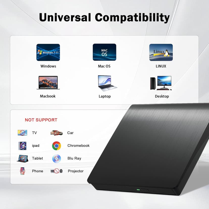 juwuoi External CD/DVD Drive for Laptop PC CD DVD Player USB 3.0 Portable Optical Drive CD Burner Compatible with Windows 10 11 Linux Mac OS (Black)