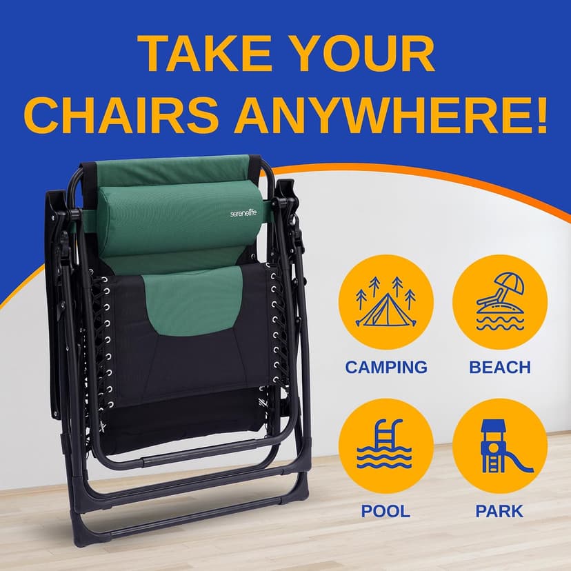 SereneLife Oversized Padded Zero Gravity Lounge Chair, Foldable Outdoor Patio Recliner, Anti Gravity Lawn Recliner with Cup Holder and Side Table for Backyard, Camping, Beach or Outdoor Relaxation