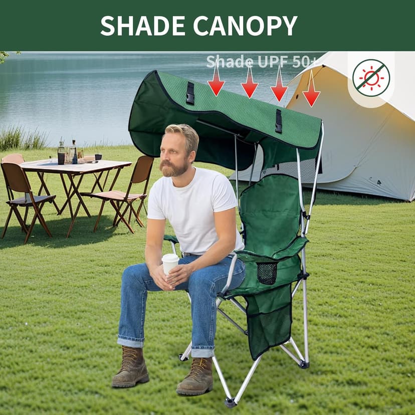 Portable Camping Chair with Canopy Shade - Folding Lounge Chair with Cup Holder & Side Pocket for Outdoor Camping, Fishing, Beach - Support 330 LBS - Green