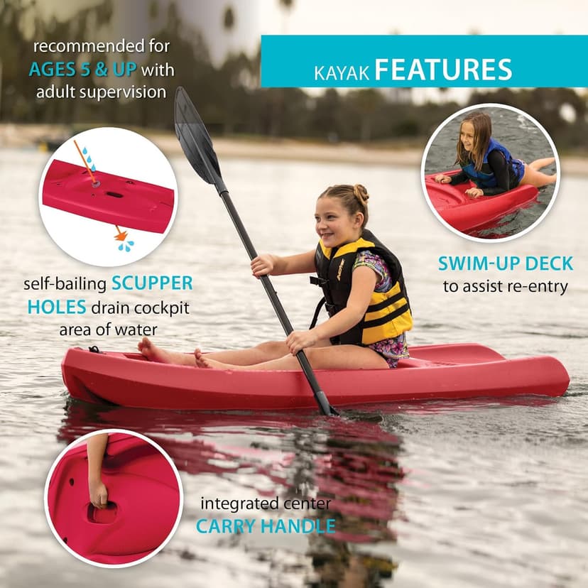 Lifetime Recruit Youth Kayak, 6.5 Ft, Paddle Included, Ages 5+, Red