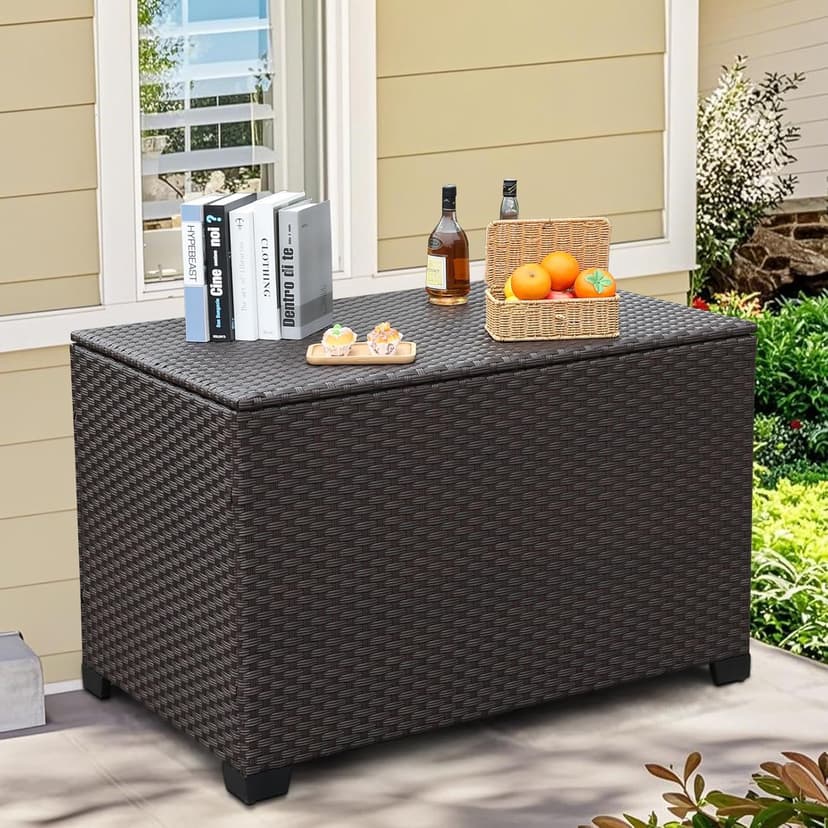 140 Gallon Outdoor Storage Box Wicker Pool Storage Bin with Waterproof Lining Bag Deck Box and Cushion Storage Bin Outdoor, Brown