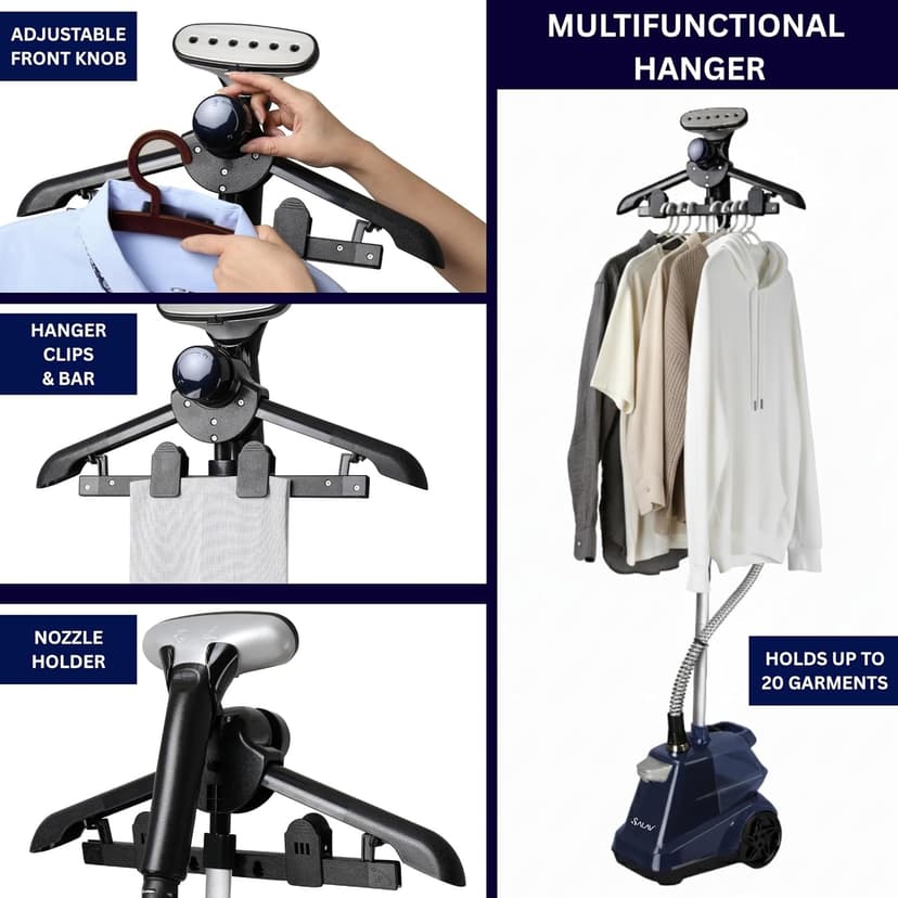 SALAV® Heavy Duty Smart Auto Shut-off Commercial Full-Size Garment Steamer, Beeping Alert when Water Runs out, Foot Pedal Control, XL 3L (101.5 oz) Tank, 1800 watts, 90+min of Continuous Steam, Navy