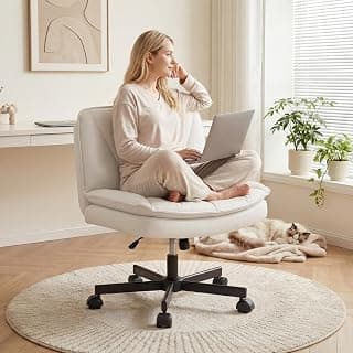 DurayLoly Criss Cross Chair with Wheels, Cross Legged Office Chair, Armless Wide Vanity Desk Chair with 2 Layer Scratch-Resistant Pu Leather Swivel for Home Office Bedroom,Beige