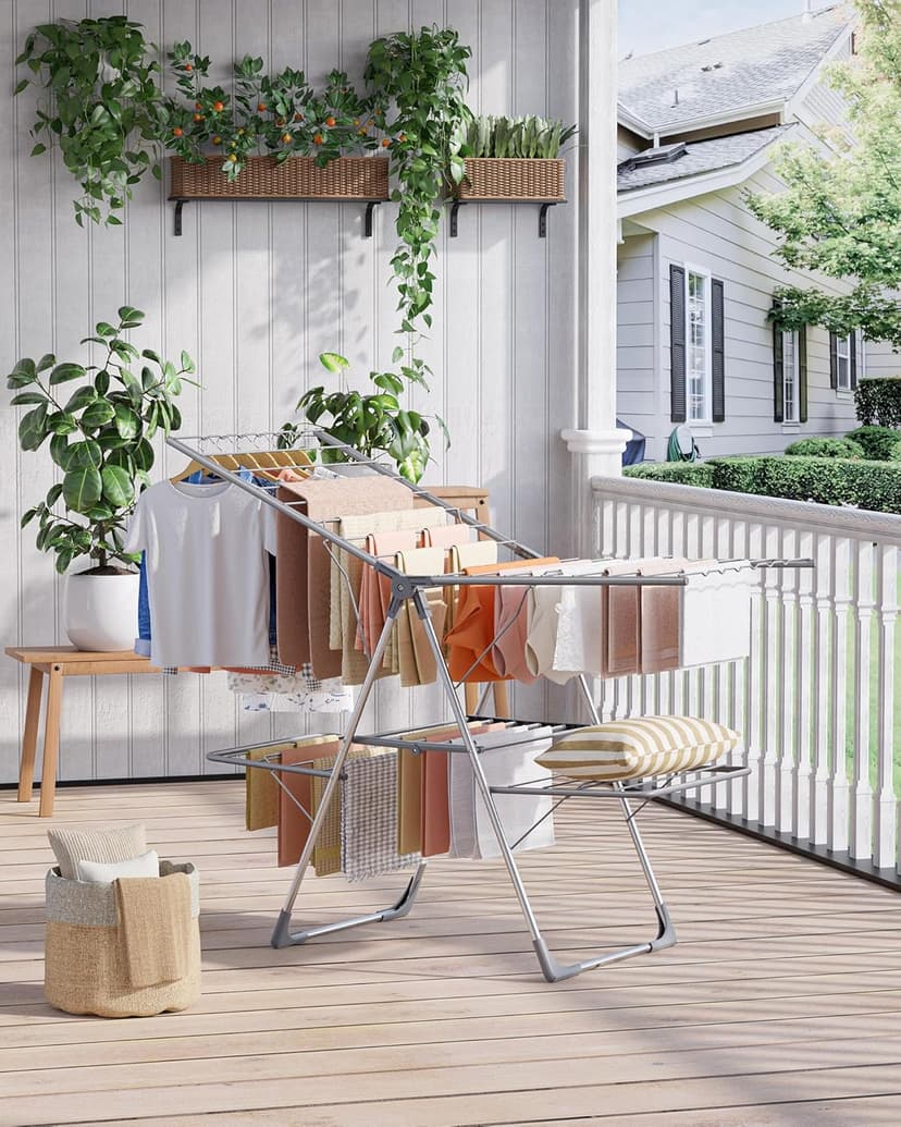 Sakugi Clothes Drying Rack, Foldable 2-Level Laundry Drying Rack with Height-Adjustable Wings, for Clothing & Bedding, Free-Standing Space-Saving Rack, Indoor & Outdoor, 55.5" L × 22.8" W, Gray